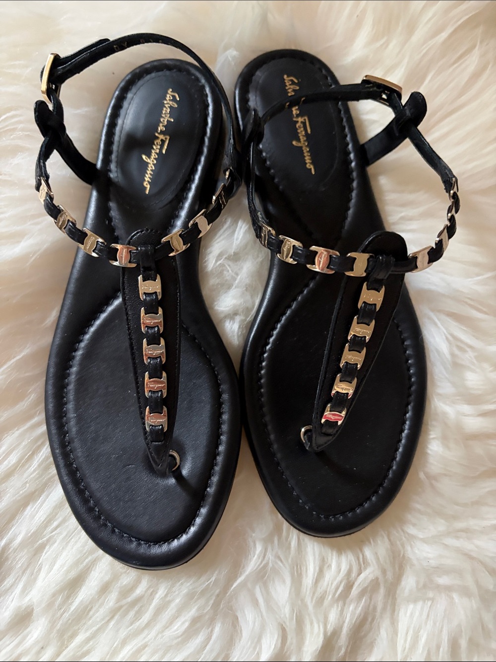 Salvatore Ferragamo Tahiti Black Leather T-Strap Sandals with Gold Chain Accents